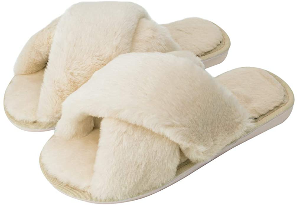 Amazon.com | Women's Cross Band Slippers Soft Plush Furry Cozy Open Toe House Shoes Indoor Outdoor Faux Rabbit Fur Warm Comfy Slip On Breathable | Slippers
