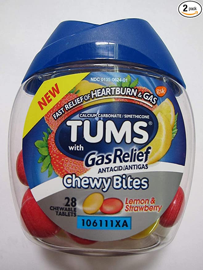 Amazon.com: TUMS Chewy Bites Chewable Antacid Tablets with Gas Relief, Lemon & Strawberry - 28 Count: Health & Personal Care