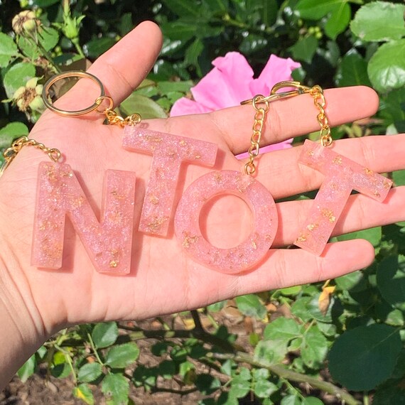 Rose Gold Pink and Gold Resin Letter Keychains Initial Charm | Etsy
