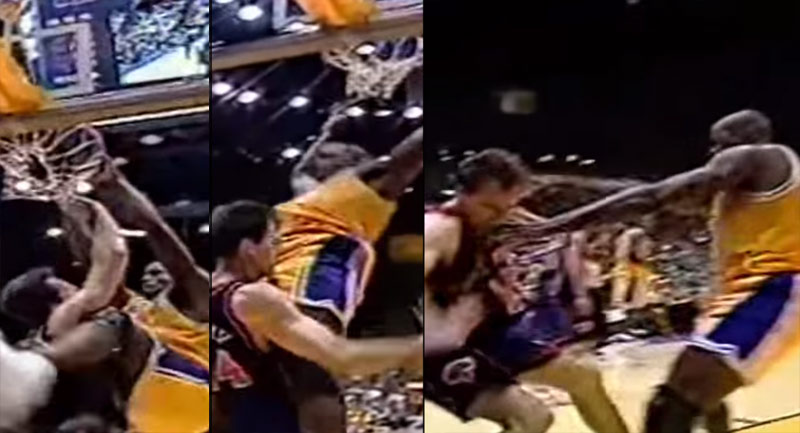 Shaquille O'Neal Dunks on Chris Dudley! Hilarious!