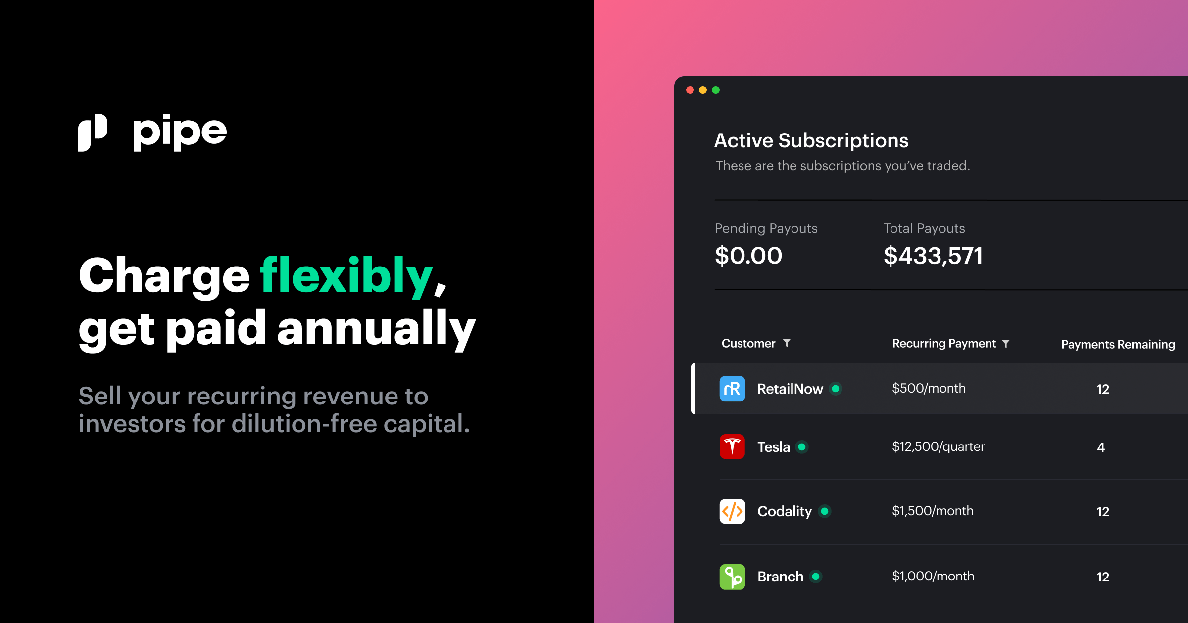 Pipe: Instant access to your annual cash flow.