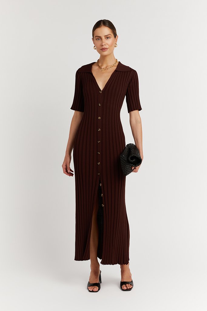 RHODES DARK CHOC KNIT MIDI DRESS